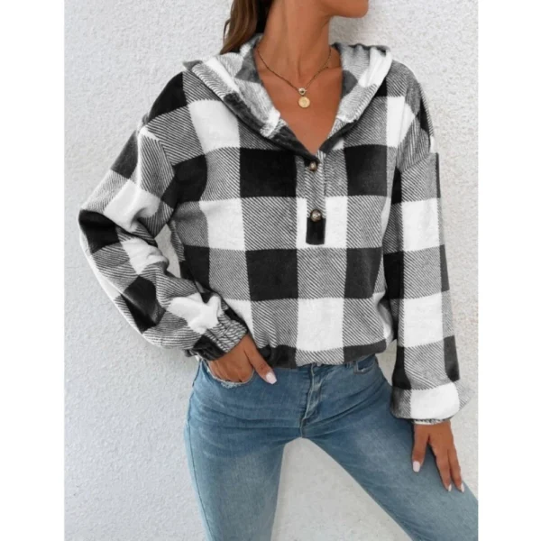 Button Hooded Plush Loose Casual Sweater Women's Clothing - Image 8