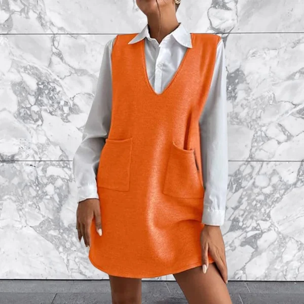 Women's Solid Color Wool Medium Length Double-sided Vest Skirt Sleeveless Dress - Image 34