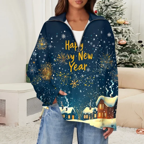 Women's Casual Half Zipper Lapel Christmas Printed Pullover Top Side Slit - Image 33