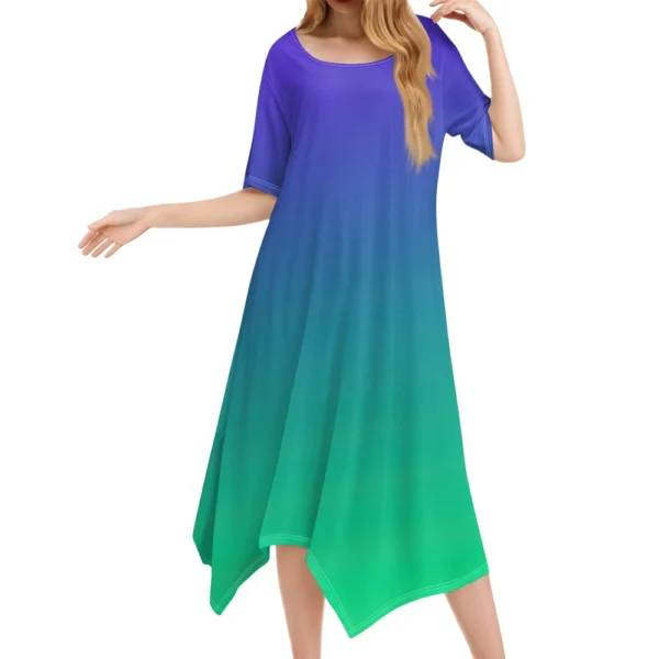 Women's Casual Fashion Round Neck Short Sleeve Print Irregular Hem Midi Dress - Image 10