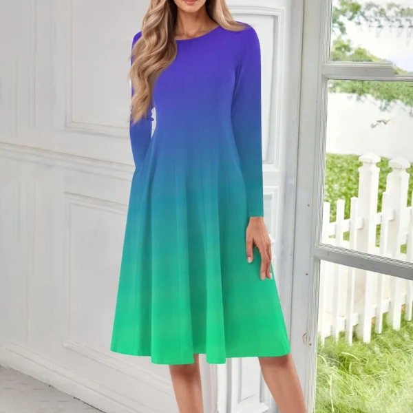 Women's Casual Fashion Round Neck Long Sleeve Print Midi Dress - Image 19