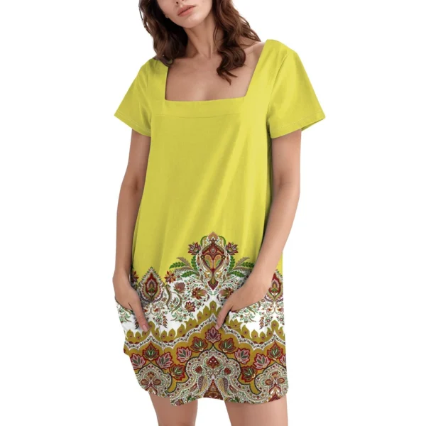 Women's Square Collar Short Sleeve Fashion Skirt Floral Print Pocket Casual - Image 35