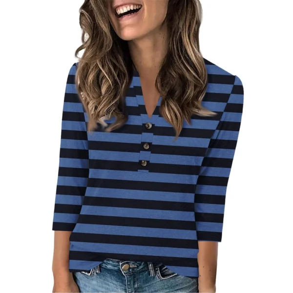 Women's Fashion Casual Loose 3/4 Sleeve Striped Printed Round Neck Top - Image 10