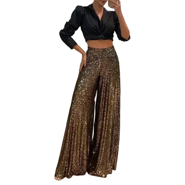 Women's Fashion Casual High Waist Thin Trousers Solid Colour Sequin Wide Leg - Image 17