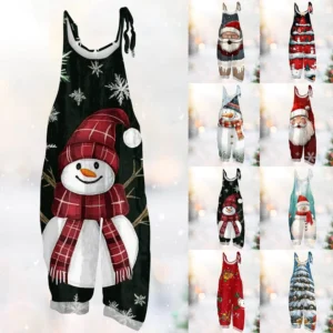 Women's Print Casual Vintage Loose Christmas Jumpsuit Shoulder Strap