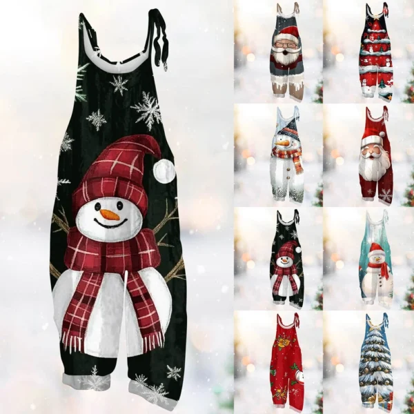 Women's Print Casual Vintage Loose Christmas Jumpsuit Shoulder Strap