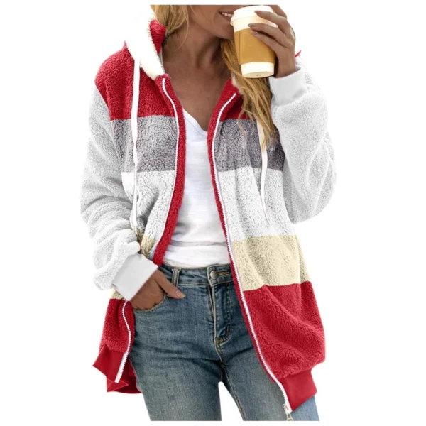 Women's Fashion Stitching Loose Hoodies Long Sleeve Plush Zipper Coat - Image 2