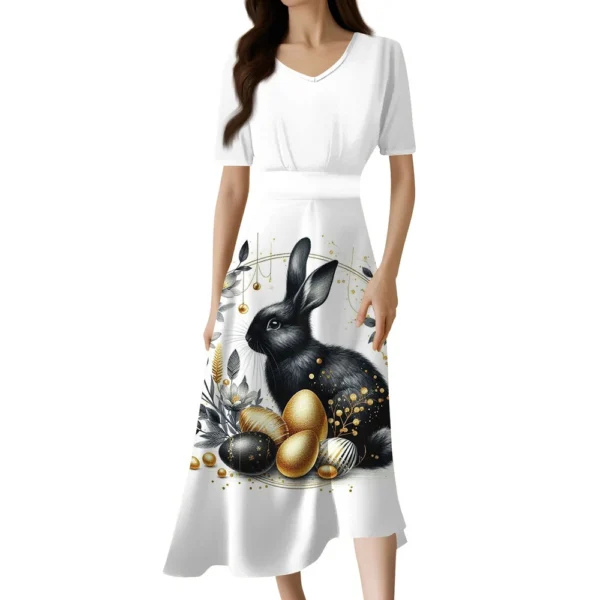 Ladies Casual Fashion Gradient Print V-Neck Short Sleeve Waist Long Swing Dress - Image 12