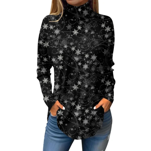 Women's Casual Christmas High Neck Pullover Long Sleeve Printed Fashion T-Shirt - Image 8
