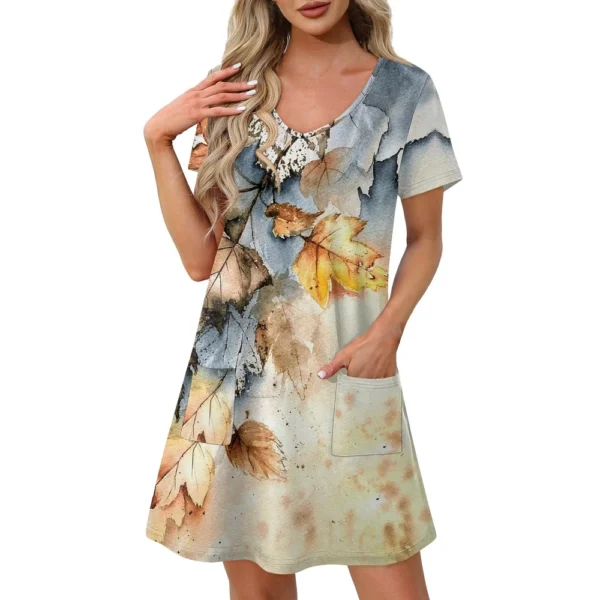 Ladies' Casual And Fashionable V-neck Short Sleeve Printing Mid Length Dress - Image 7