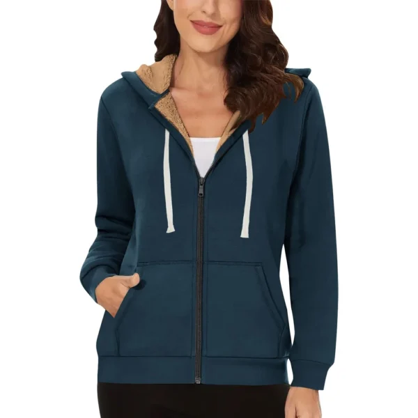 Lined Jacket Women Flannel Winter Warm Fleece Zip Up Hooded With Side Pockets - Image 25