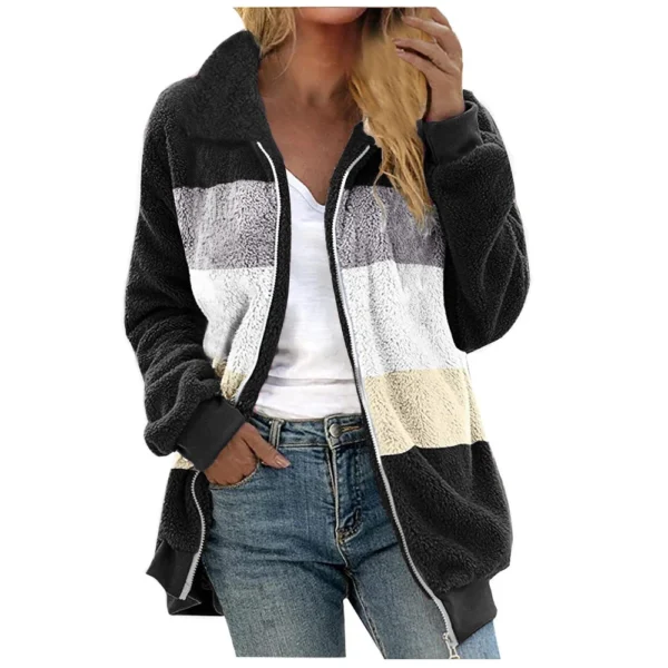 Women's Casual Color Blocking Loose Plush Zippered Flip Collar Jacket With - Image 20