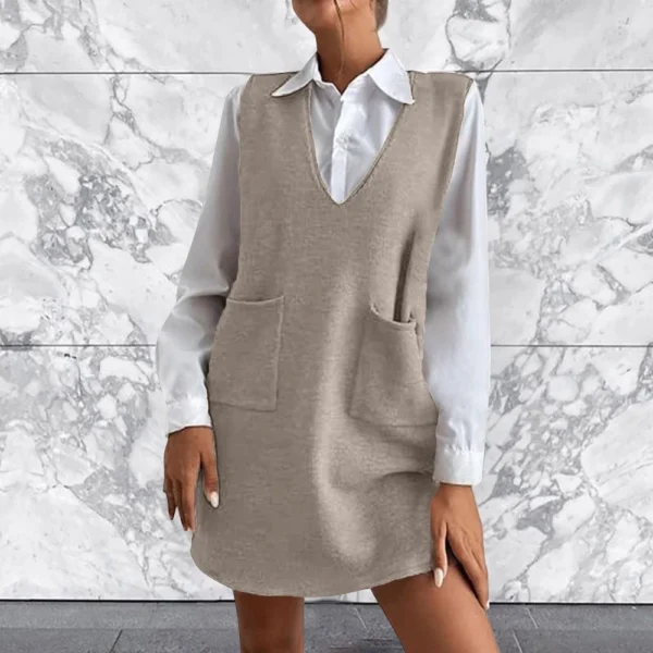 Women's Solid Color Wool Medium Length Double-sided Vest Skirt Sleeveless Dress - Image 16