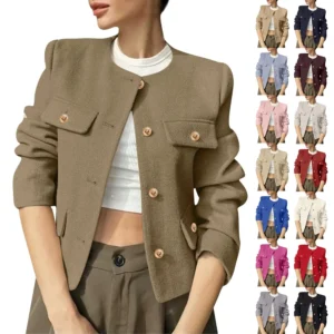 Women's Solid Color Round Neck Fashionable Button Decorated Short Jaket