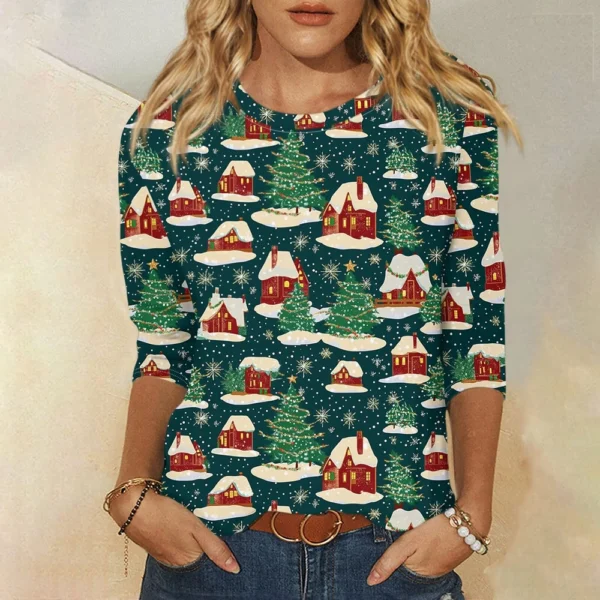 Ladies Loose Printed Casual T-Shirt Round Neck 3/4 Sleeve Christmas Women's Top - Image 19