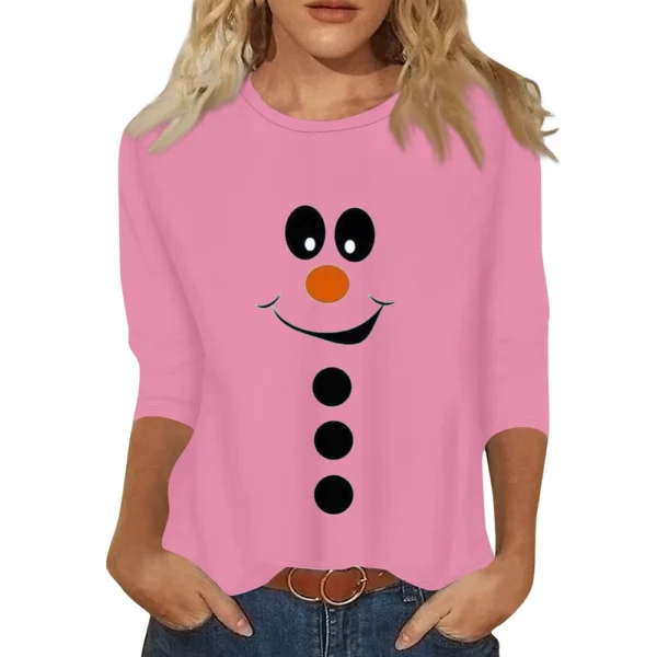 Women's Christmas Casual Round Neck T-Shirt Printed 3/4 Sleeve Loose Ladies Top - Image 26