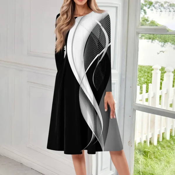 Women's Casual Fashion Round Neck Long Sleeve Print Midi Dress - Image 13