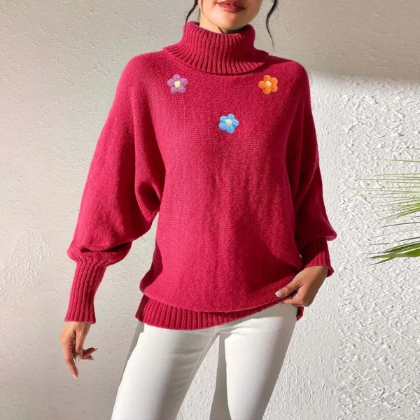 Women's  Fall And Winter Solid  Hand   Crochet Flower Splicing Turtleneck - Image 19