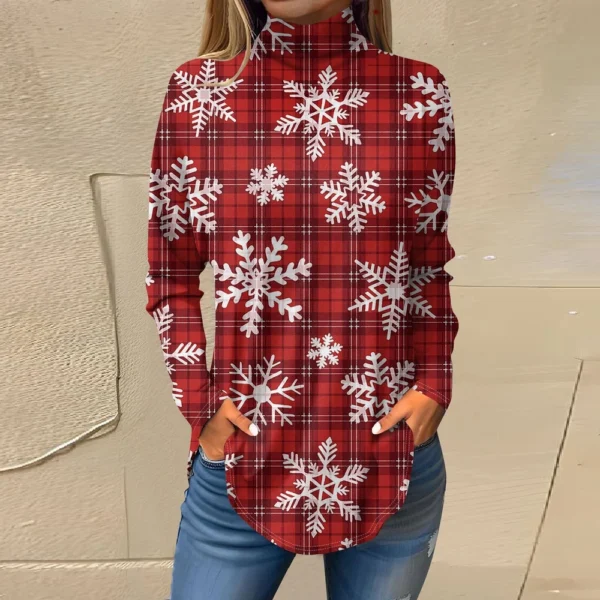 Women's Printed Pullover High Neck Fashion Long Sleeve Casual Christmas T-Shirt - Image 37