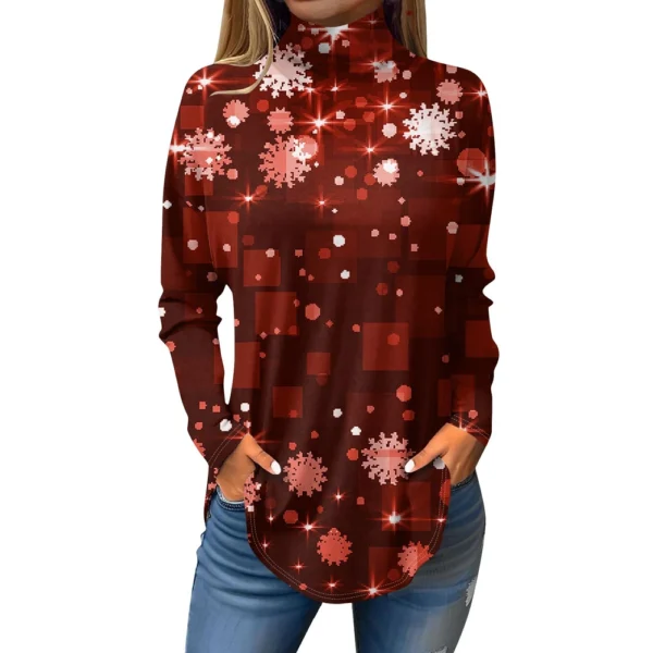 Women's Casual Christmas High Neck Pullover Long Sleeve Printed Fashion T-Shirt - Image 3