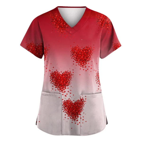 Women's Valentine's Day Printed  Uniform Work Uniform V-Neck Pocket Protective - Image 2