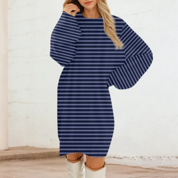 Women's Round Neck Casual Long Sleeve Plush Gradient Stripe Dresses - Image 18