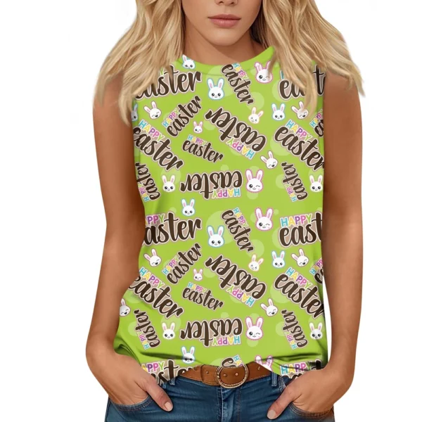 Women's Fashion Casual Easter Printed Round Neck Sleeveless T-Shirt Tops - Image 32