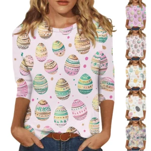 Women's Casual Fashion Easter Tops Plus Size Printed Basic 3/4 Sleeve Pullover