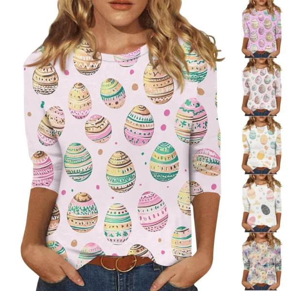 Women's Casual Fashion Easter Tops Plus Size Printed Basic 3/4 Sleeve Pullover