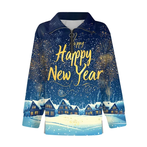 Women's Casual Half Zipper Lapel Christmas Printed Pullover Top Side Slit - Image 12
