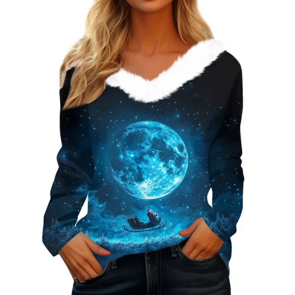 Women's V Neck Party Long Sleeve Top Christmas Shirt Fleece Collar T Shirt - Image 4