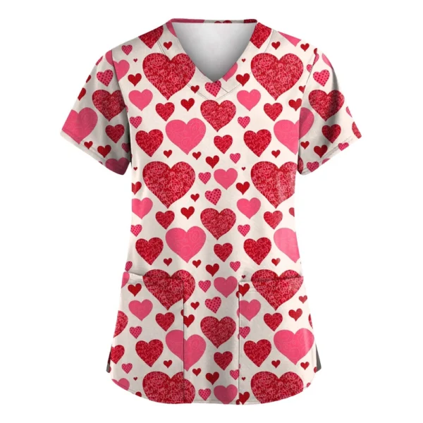 Women's Valentine's Day Printed  Uniform Work Uniform V-Neck Pocket Protective - Image 8