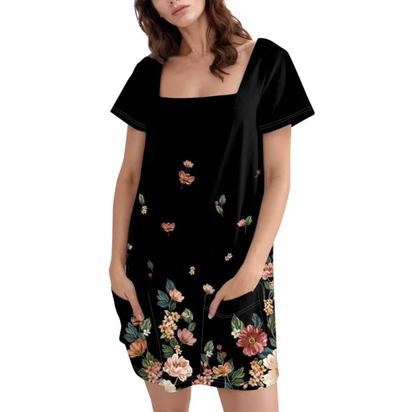 Women's Square Collar Short Sleeve Fashion Skirt Floral Print Pocket Casual - Image 7