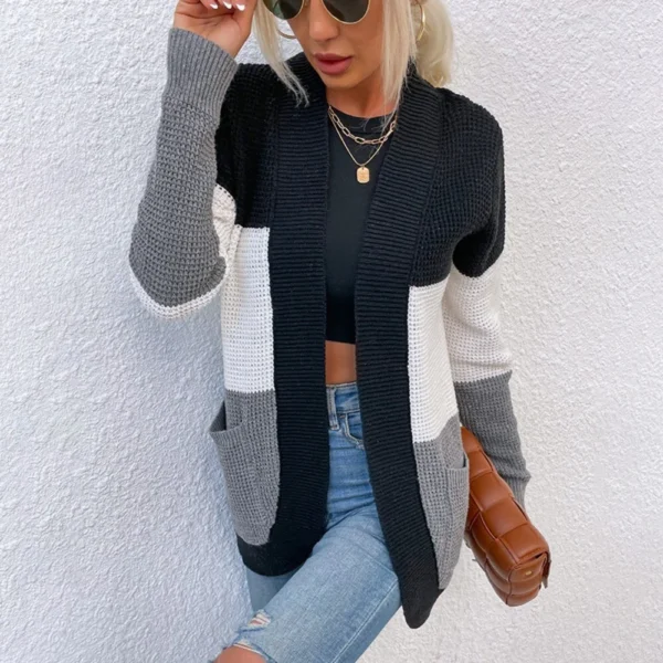 Casual knitted sweater contrasting color sweater cardigan jacket women - Image 7