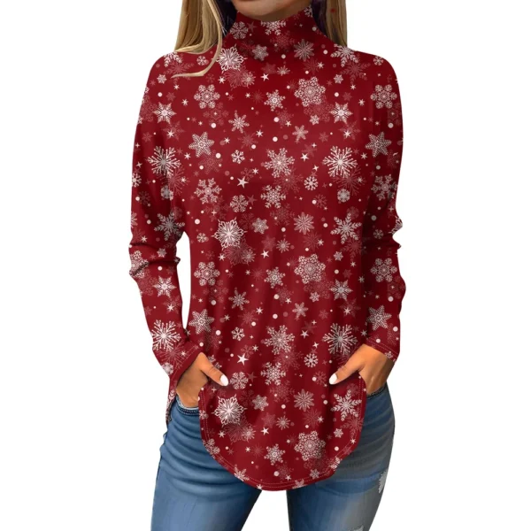 Women's Casual Printed High Neck Fashion Long Sleeve Pullover Christmas T-Shirt - Image 41
