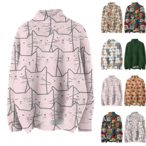 Women's Crew-neck Casual Long-sleeved Striped Printed Turtleneck Knitted Top