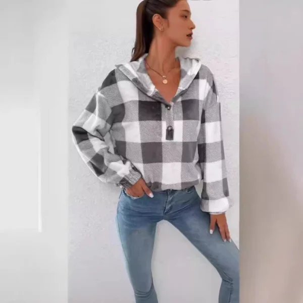 Button Hooded Plush Loose Casual Sweater Women's Clothing - Image 2