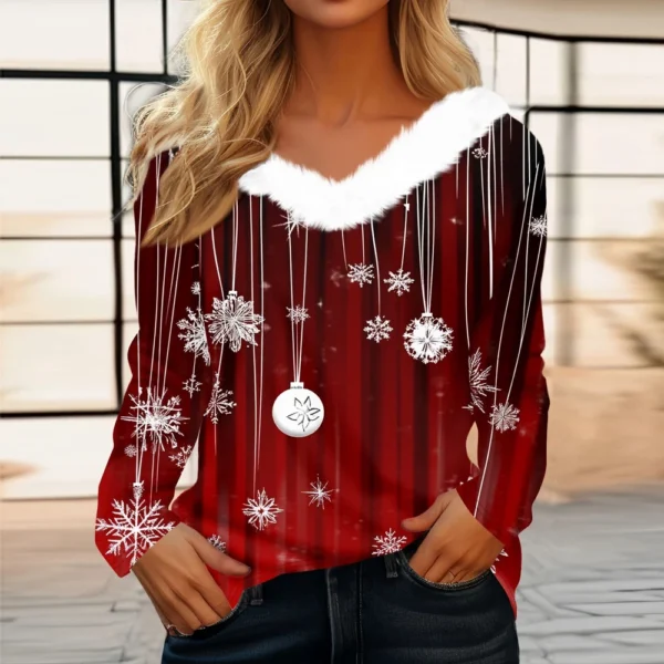 Women's Christmas Party V Neck T Shirt Fleece Collar Shirt Long Sleeve Top - Image 37