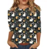 Women's Casual Round Neck Easter Egg Print Three-quarter Sleeve T-shirt Top - Image 14