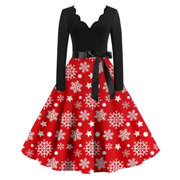 Women's Casual V-Neck Fashion Christmas Slim Long Sleeve Printed Dresses - Image 38