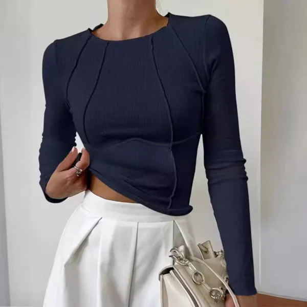 Solid Color Slim Long Sleeve Crew Neck T-Shirt Women - Image 13
