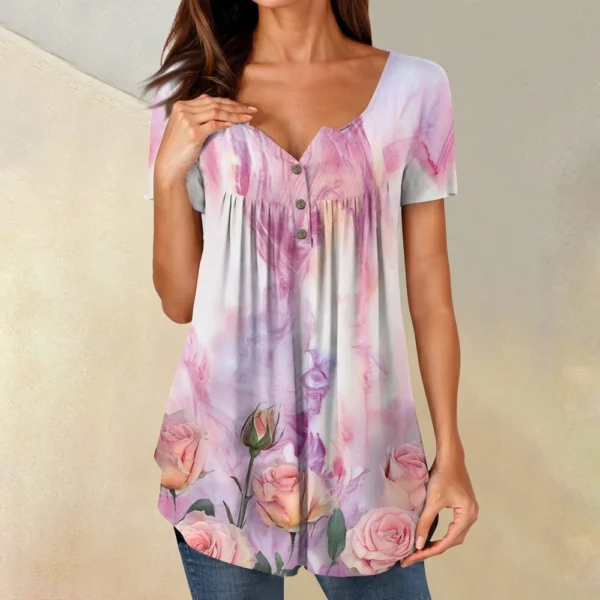 Women Tunic Tops Dressy Casual Summer Short Sleeve Shirts Loose Fit Pleated - Image 31