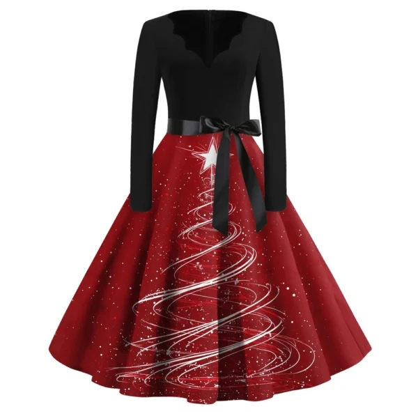 Women's Casual V-Neck Fashion Printed Christmas Long Sleeve Slim Dresses - Image 2