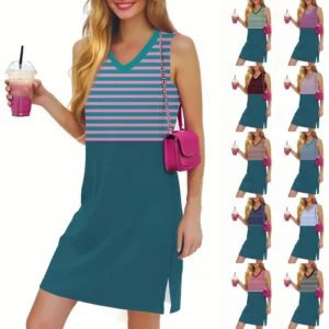 Women's Casual Fashion Sexy V-neck Sleeveless Striped Hem Slit Dress