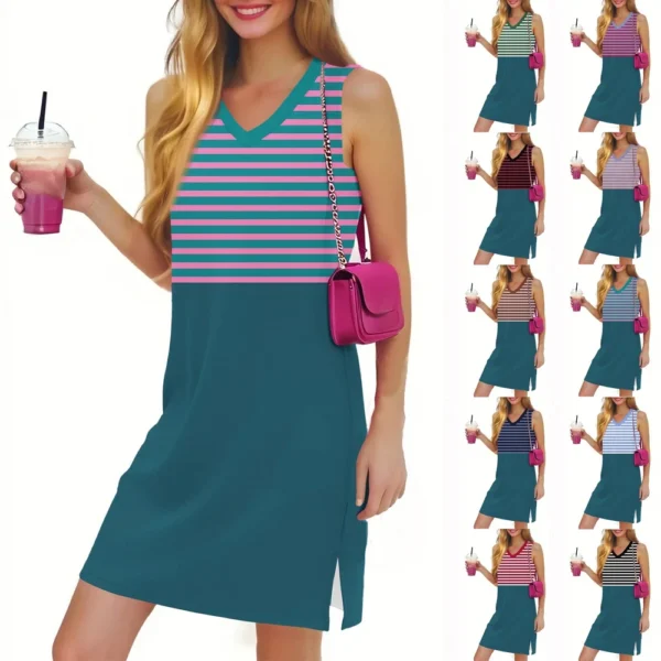 Women's Casual Fashion Sexy V-neck Sleeveless Striped Hem Slit Dress