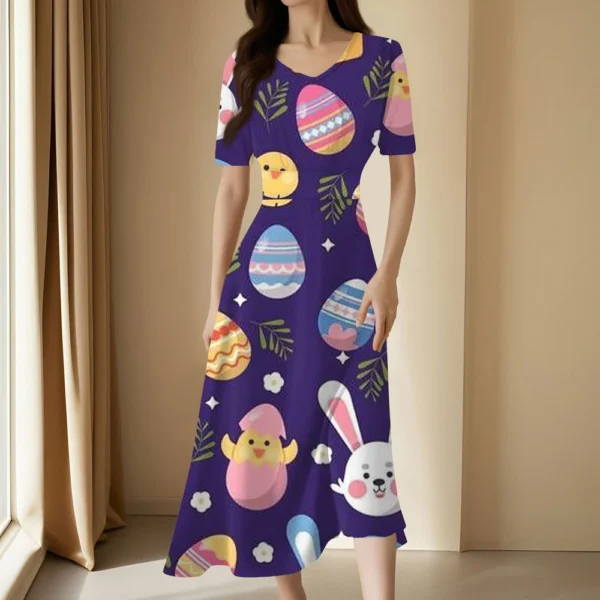 Ladies Casual Fashion Gradient Print V-Neck Short Sleeve Waist Long Swing Dress - Image 13
