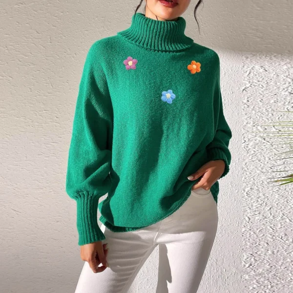 Women's  Fall And Winter Solid  Hand   Crochet Flower Splicing Turtleneck - Image 16