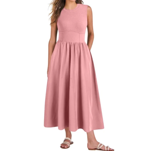 Women's Casual Fashion Round Neck Sleeveless Solid Irregular Hem Midi Dress - Image 3