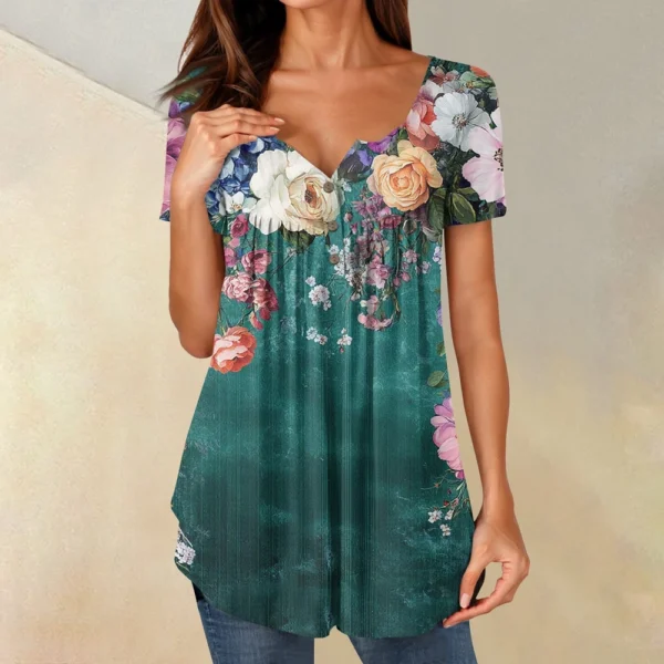 Women Tunic Tops Dressy Casual Summer Short Sleeve Shirts Loose Fit Pleated - Image 19