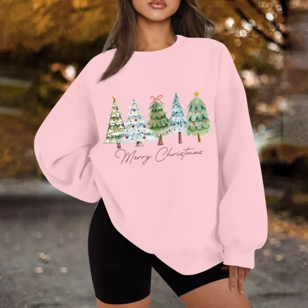 Women's Casual Fashion Long Sleeve Christmas Print Round Neck Sweatshirt Top - Image 36